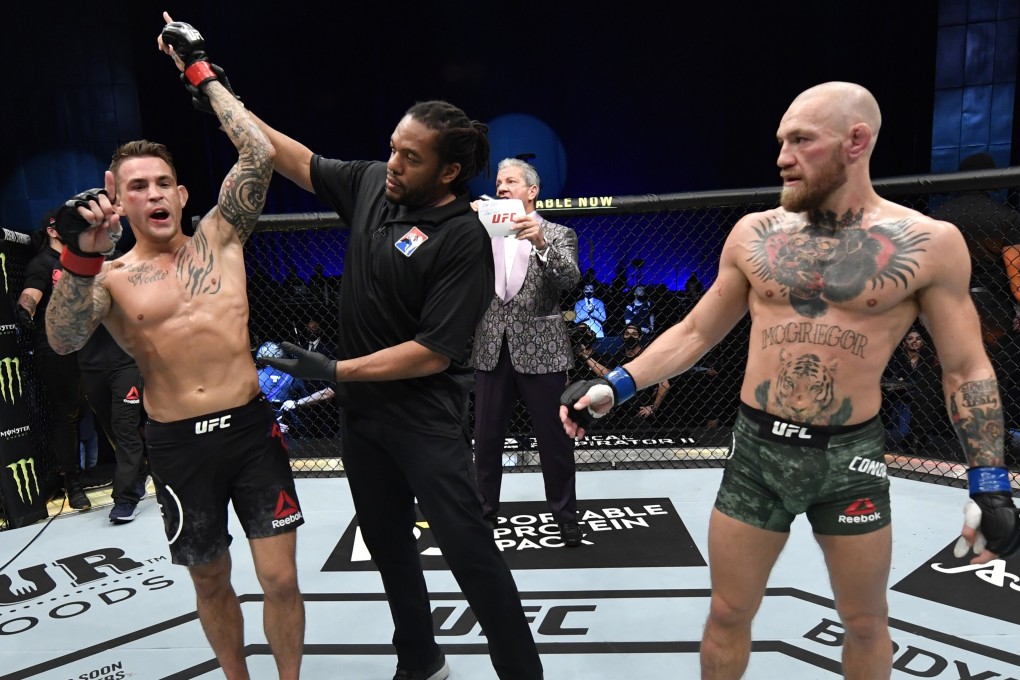 Dustin Poirier celebrates after his knockout victory over Conor McGregor at UFC 257. Photo: Jeff Bottari/Zuffa LLC