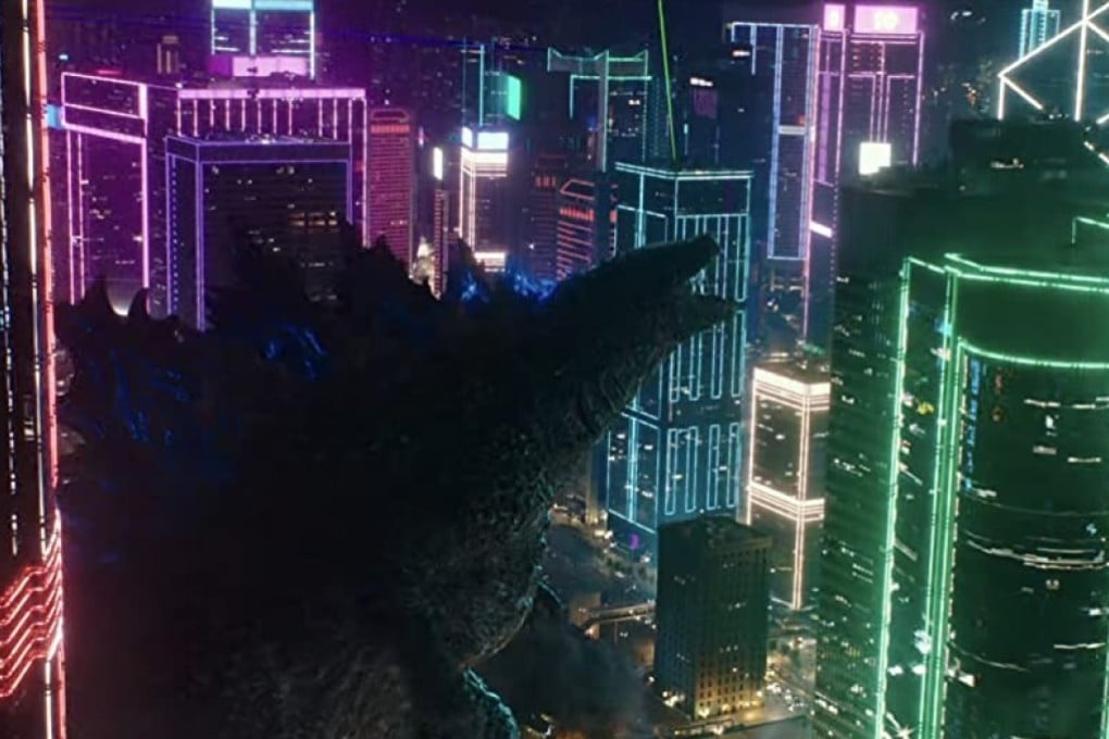 Godzilla takes a walk through Central on Hong Kong Island at night in the upcoming film Godzilla vs. Kong.