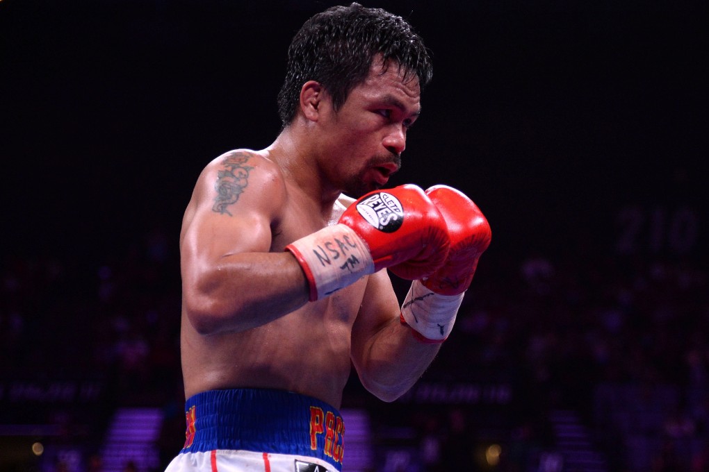 Manny Pacquiao boxing against Keith Thurman during their WBA welterweight championship bout at MGM Grand Garden Arena in 2019. Pacquiao won via split decision. Photo: Joe Camporeale/USA TODAY Sports