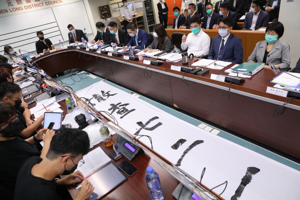 A number of councillors wear black, the dominant colour of the protest movement, at a Yuen Long district council meeting attended by Police Commissioner Chris Tang on May 12, 2020. Photo: K.Y. Cheng