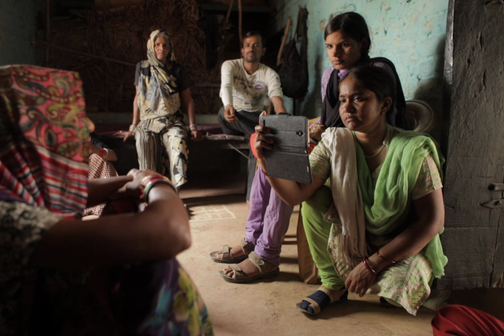 Khabar Lahariya journalists Meera (right) and Suneeta (second right) in a still from Writing with Fire. The film about a women-only digital news agency in India has been selected for the Sundance Film Festival’s World Cinema Documentary Competition.