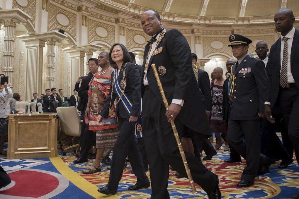 Taiwan President Tsai Ing-wen (centre) after she was awarded the Order of the Elephant by King Mswati III of Eswatini (third from right) in Mandvulo Grand Hall at Lozitha Royal Palace in April 2018. Photo: Taiwan’s Office of the President