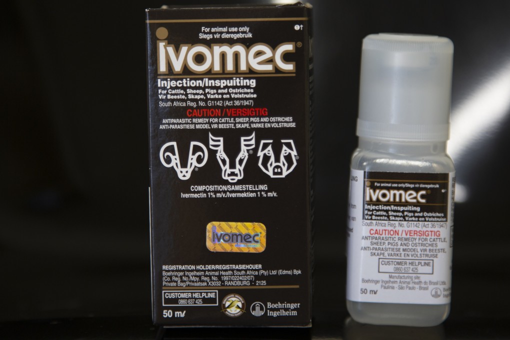The packaging and a container of veterinary medicine Ivomec, which South Africa is allowing limited use of in the treatment of Covid-19. Photo: AP