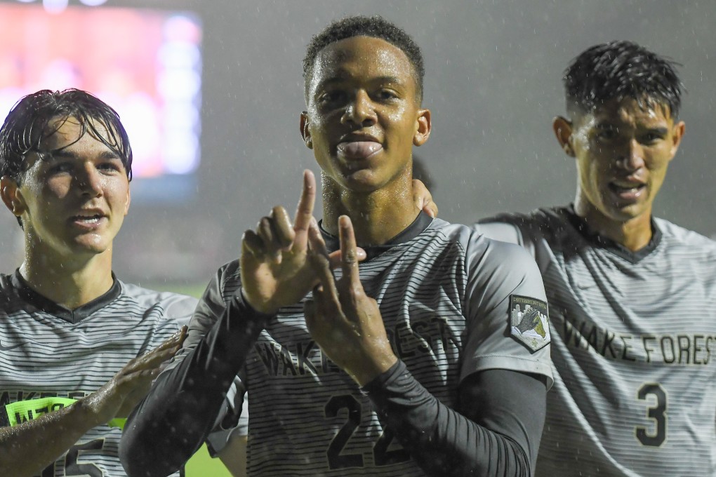 Former Hong Kong player Calvin Harris celebrates scoring a goal for Wake Forest at a college game in North Carolina. Photos: Handout