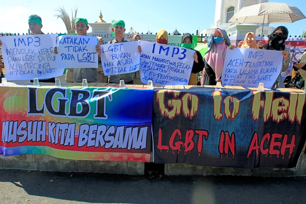 Protesters hold an anti-LGBT rally outside a mosque in Banda Aceh, Aceh province, in 2018. Homosexuality has not been regulated by law in Indonesia, except in Aceh province. Photo: Reuters