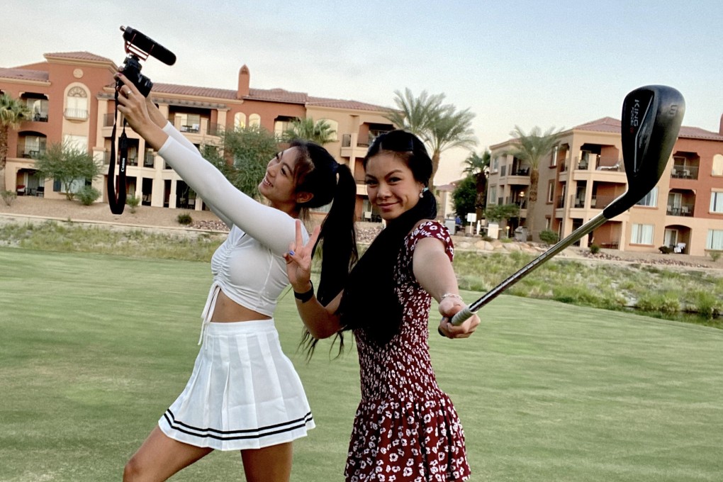 Social media golfing influencers Isabelle and Kaitleen Shee filming for another YouTube video in 2020. Photo: Handout