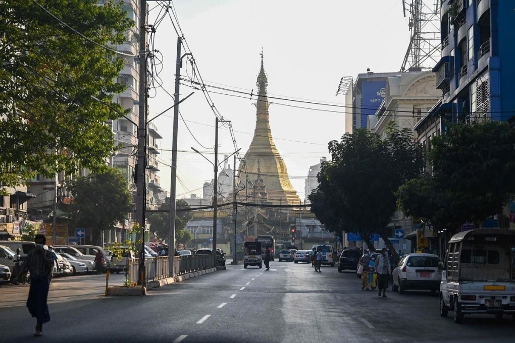 An empty road in central Yangon on February 1. Photo: AFP