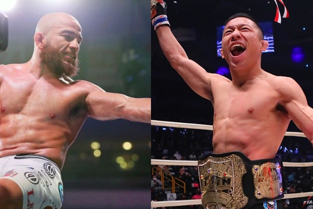 Juan Archuleta (left) celebrates after claiming the vacant Bellator bantamweight belt, while Kyoji Horiguchi celebrates after winning back the Rizin title. Photo: Bellator/Rizin