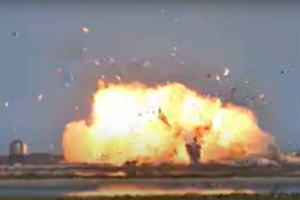 The Starship SN9 explodes on landing as SpaceX conducts a test flight on Tuesday. Photo: SpaceX via AFP