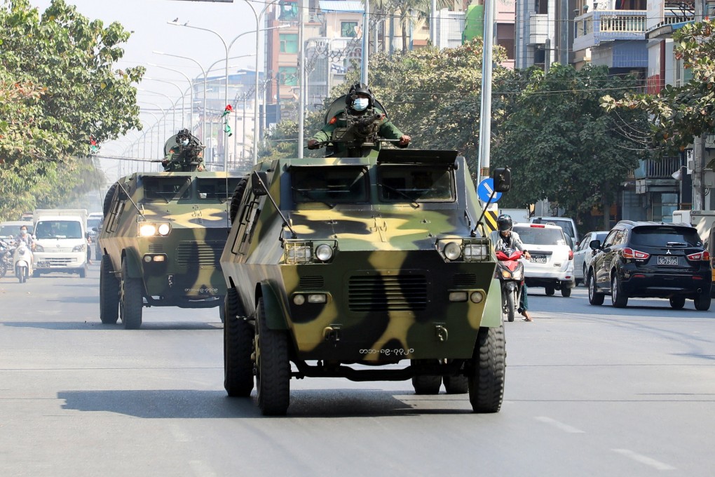 Armoured military vehicles on the streets of Mandalay after the military coup. Photo: Reuters