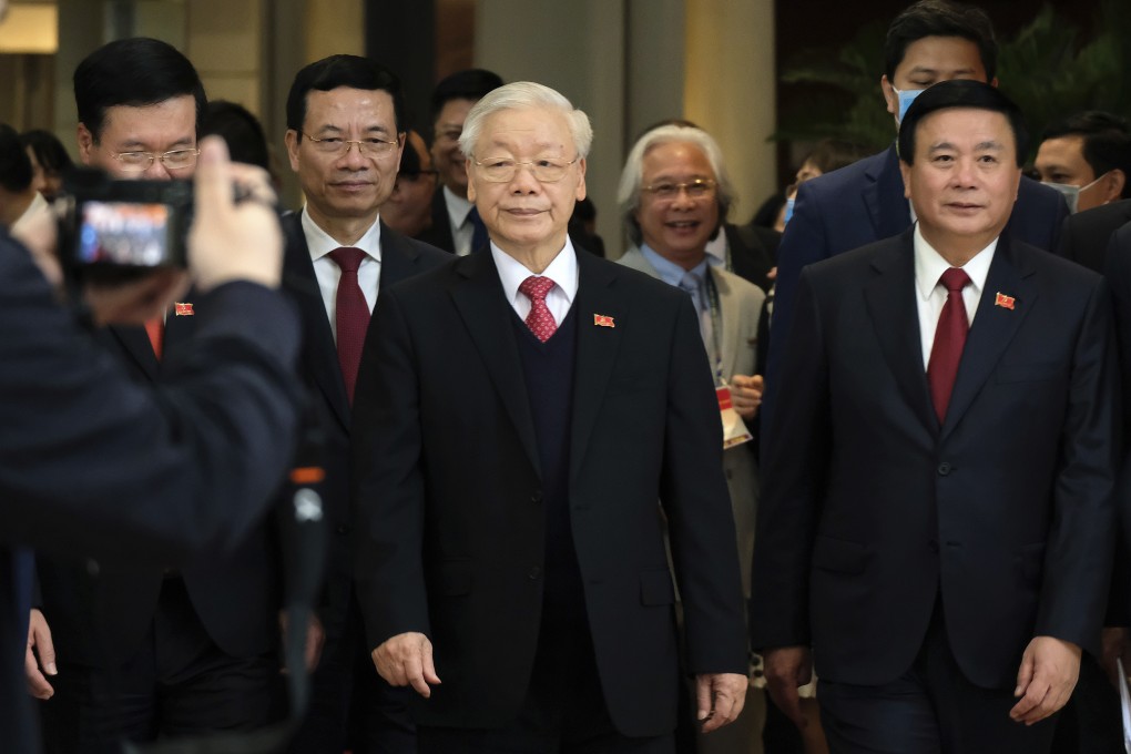 Newly re-elected Vietnam Communist Party General Secretary Nguyen Phu Trong (centre) after the national ruling party congress in Hanoi. Photo: AP