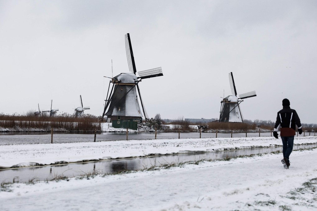 Snow blankets a field as a man walks past windmills in the village of Kinderdijk, Netherlands on Sunday. Photo: AFP