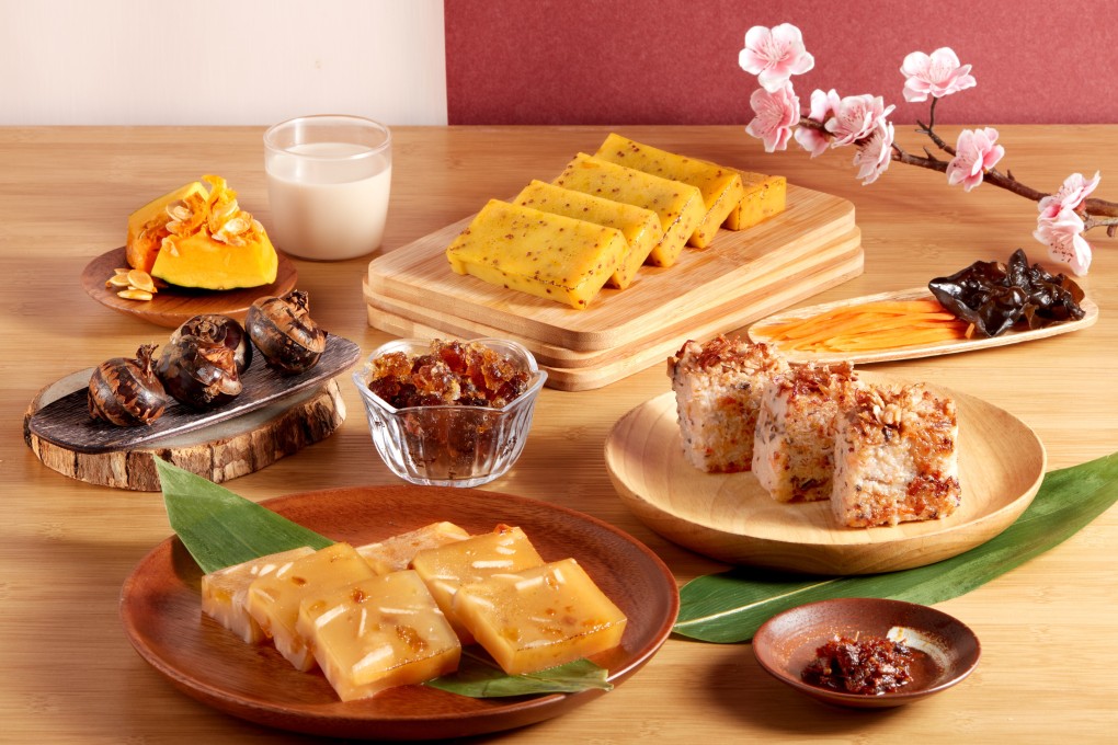 Green Common’s three vegan Chinese New Year cakes: pumpkin rice cake with red quinoa, turmeric and oatmilk (top); peach gum water chestnut cake with chrysanthemum bud (bottom); and OmniPork vegan XO sauce red quinoa turnip cake (right).