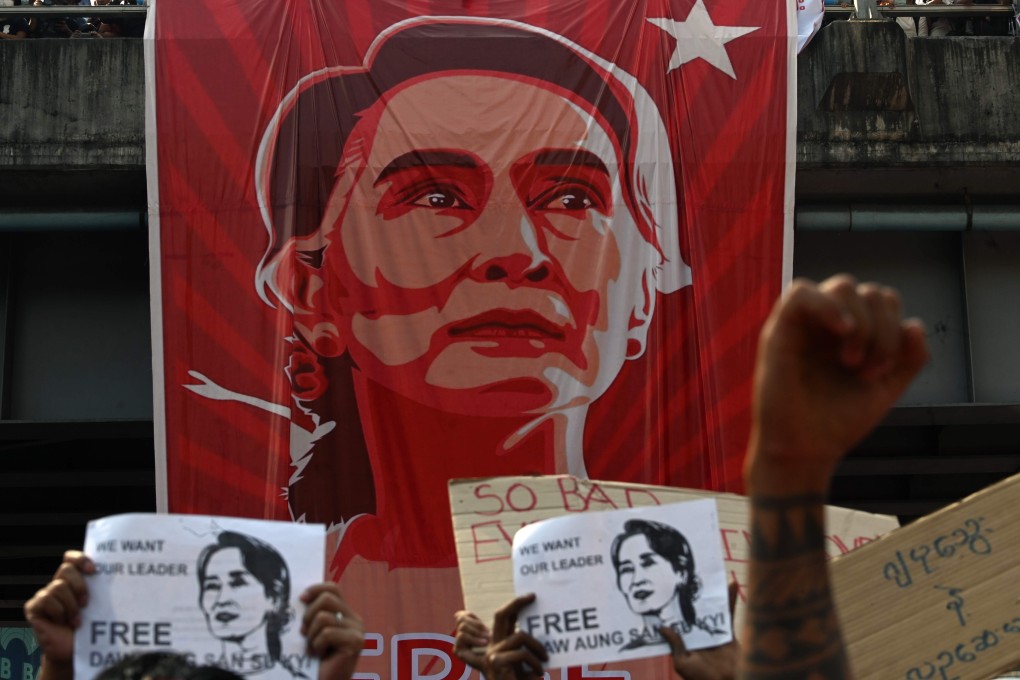 Protesters stand in front of a huge banner of detained Myanmar leader Aung San Suu Kyi. The military coup could quietly restart discreet geopolitical cooperation between Beijing and the new Biden administration in Washington. Photo: AFP