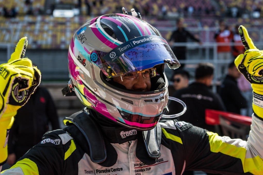 Hong Kong endurance driver Antares Au celebrates after finishing with his Porsche 911 GT3 Cup car in 2019. Photo: Porsche Carrera Cup Asia