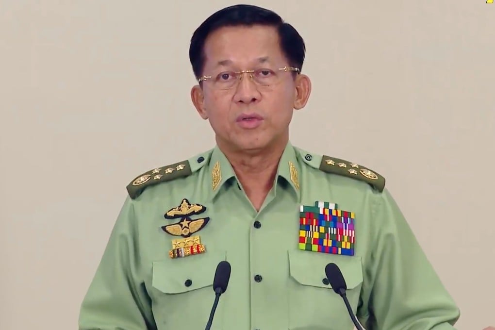 Myanmar military chief General Min Aung Hlaing making an announcement on Monday. Photo: AFP