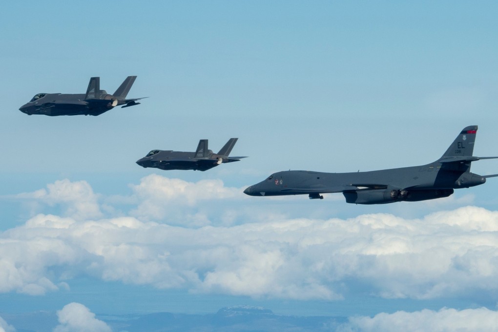 A US Air Force B-1B bomber with Norwegian Air Force F-35A jets. File photo: AFP