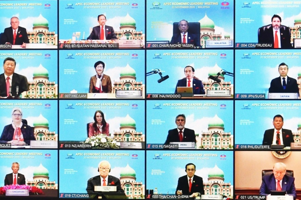 Leaders are seen during the start of the online Asia-Pacific Economic Cooperation summit in Bangkok on November 20, 2020. With US president Donald Trump, bottom right, now out of office, there is renewed optimism about progress in promoting regional prosperity and integration. Photo: EPA-EFE