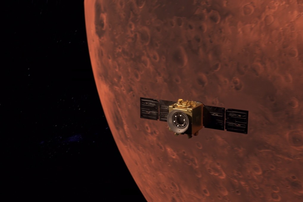 An illustration issued on Tuesday depicts the UAE’s Hope probe entering Mars orbit. Image: UAE Space Agency handout via EPA-EFE