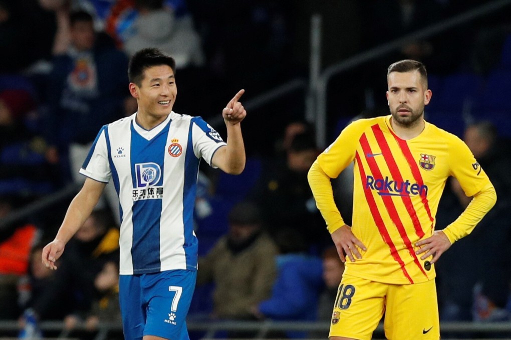 Espanyol’s Wu Lei celebrates scoring against Barcelona as Jordi Alba looks on. Photo: Reuters
