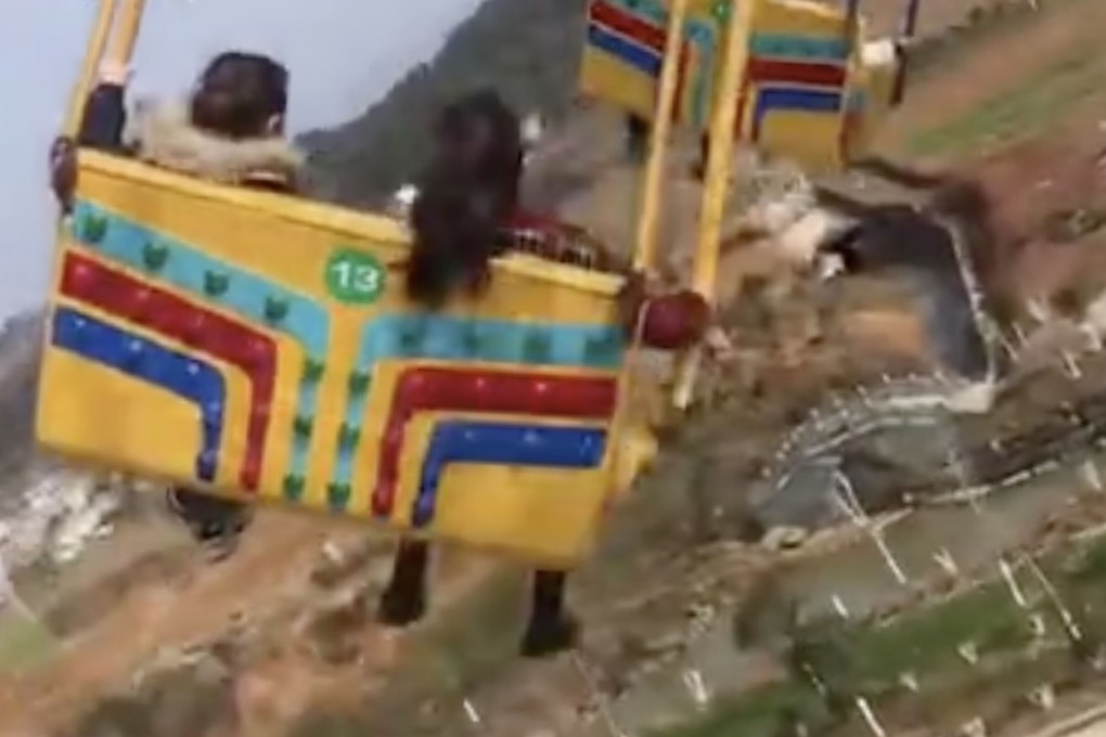 Visitors to the amusement park pictured on the ride moments before it collapsed. Photo: Weibo