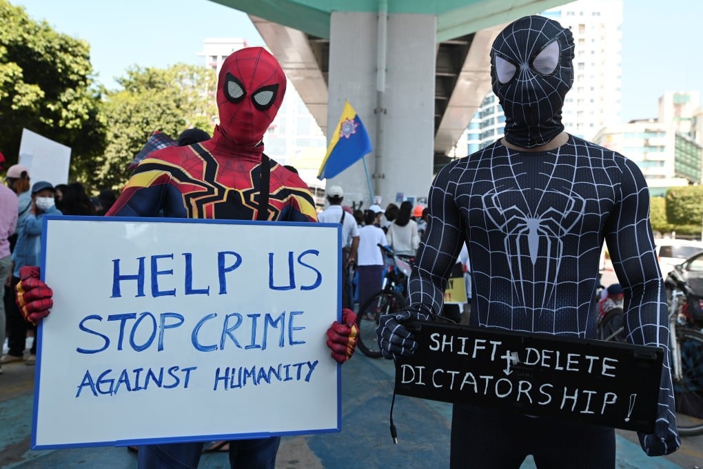 Demonstrators at an anti-coup protest in Yangon on February 13, 2021. Photo: Reuters