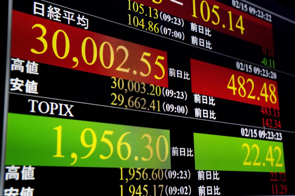 A monitor screen in Tokyo shows the 225-issue Nikkei Stock Average topping the 30,000 mark for the first time in over 30 years on February 15, 2021. Photo: Kyodo