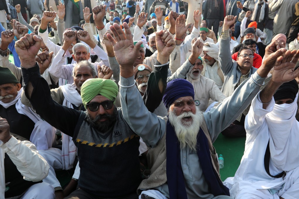 Indian farmers protesting at the Delhi Ghazipur Border near New Delhi. The US government’s criticism of India’s suspension of the internet during protests has stoked tensions between the two countries. Photo: EPA/EFE