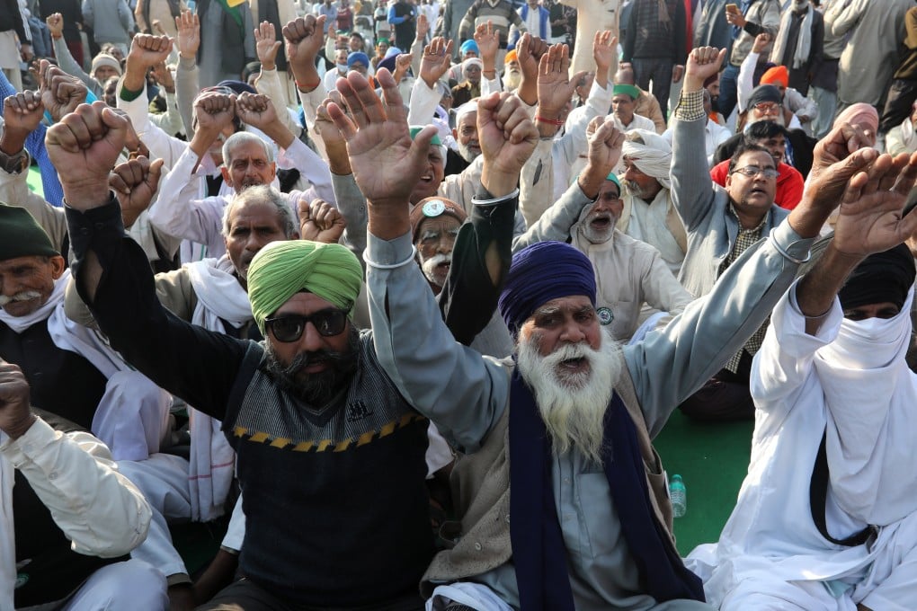 Indian farmers protesting at the Delhi Ghazipur Border near New Delhi. The US government’s criticism of India’s suspension of the internet during protests has stoked tensions between the two countries. Photo: EPA/EFE
