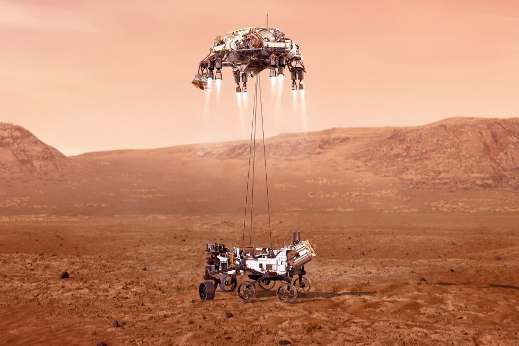 An illustration of how Nasa's Perseverance rover should landing safely on Mars. Photo: EPA