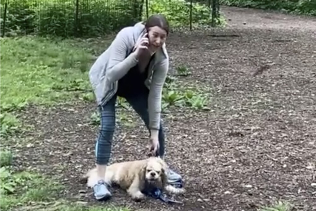 Amy Cooper makes an emergency call at Central Park in New York during the May 2020 incident. Photo: Christian Cooper via AP