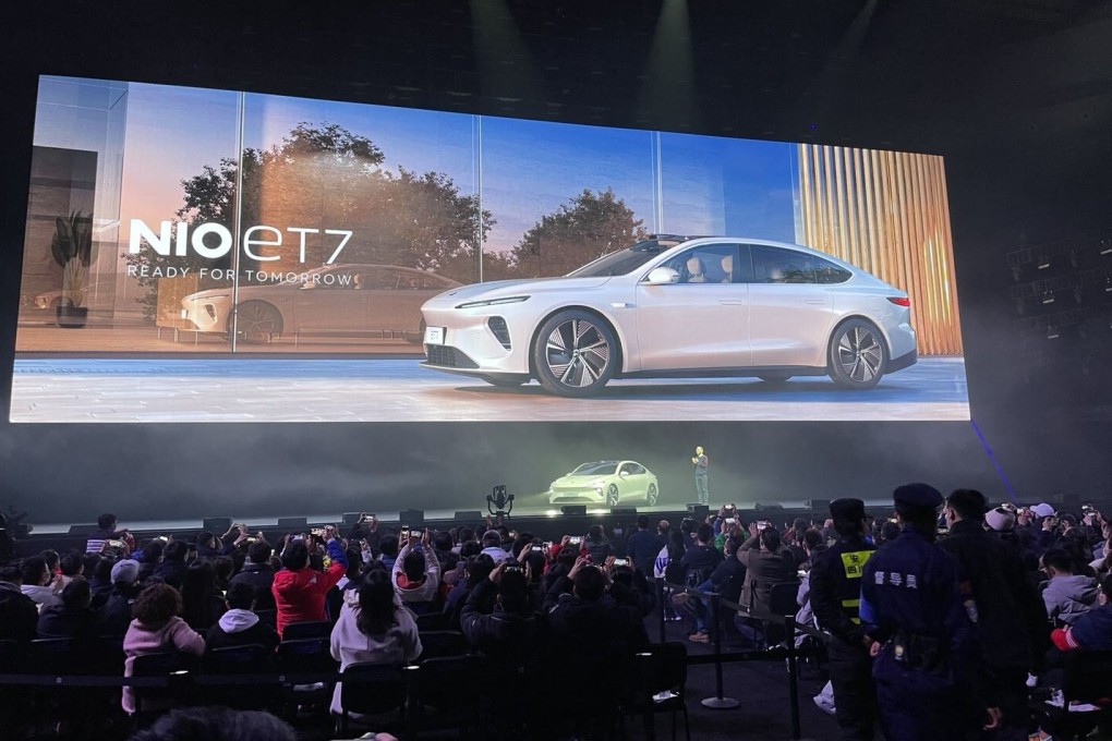 Nio’s chief executive William Li Bin unveils the all-electric ET7 sedan at the carmaker’s global launch ceremony in Chengdu on January 9. Nio is cementing its role as a challenger to Tesla in China’s premium electric vehicle segment. Photo: Daniel Ren