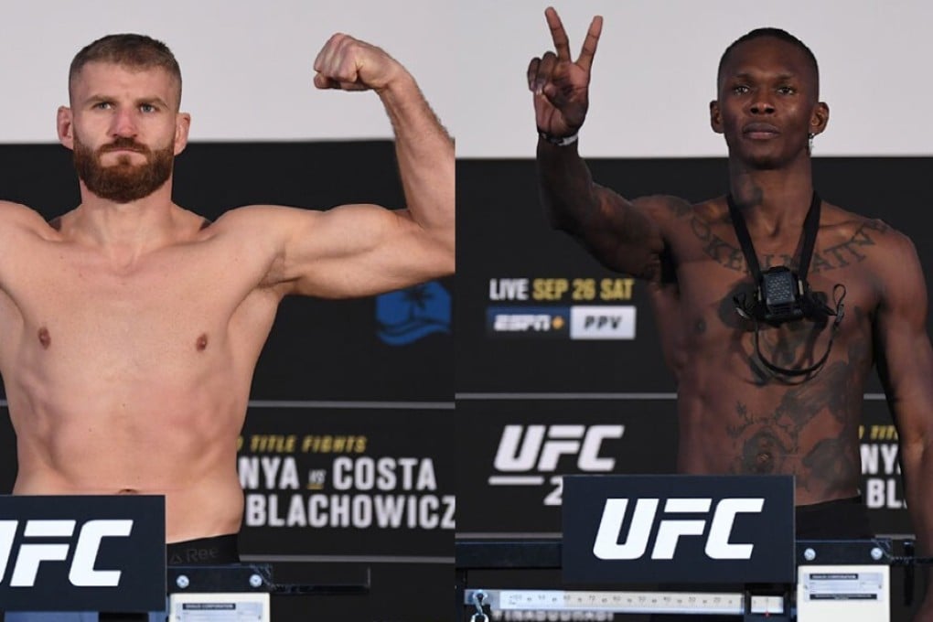 Jan Blachowicz and Israel Adesanya at their UFC 253 weigh-ins on Fight Island in Abu Dhabi. Photos: Josh Hedges/Zuffa LLC via Getty Images