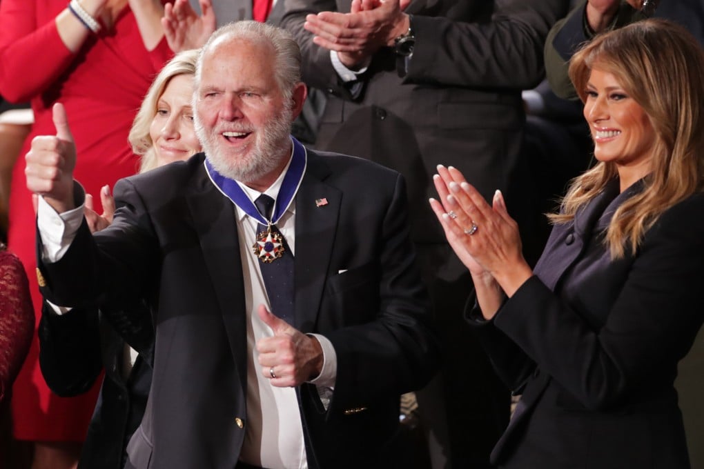 Conservative radio talk show host Rush Limbaugh is awarded the Presidential Medal of Freedom by US first lady Melania Trump in Washington in February 2020. Photo: Reuters