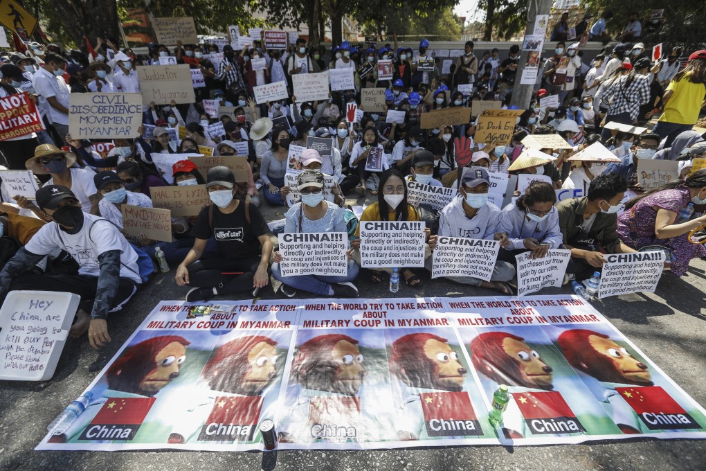 Demonstrators protest in front of the Chinese embassy in Yangon, Myanmar. Photo: EPA-EFE