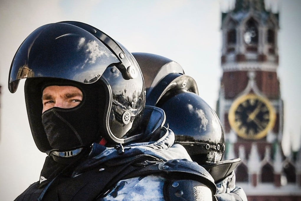 Russian riot police patrol in downtown Moscow on February 7 to prevent possible protests in support of jailed Kremlin critic Alexei Navalny. Photo: AFP