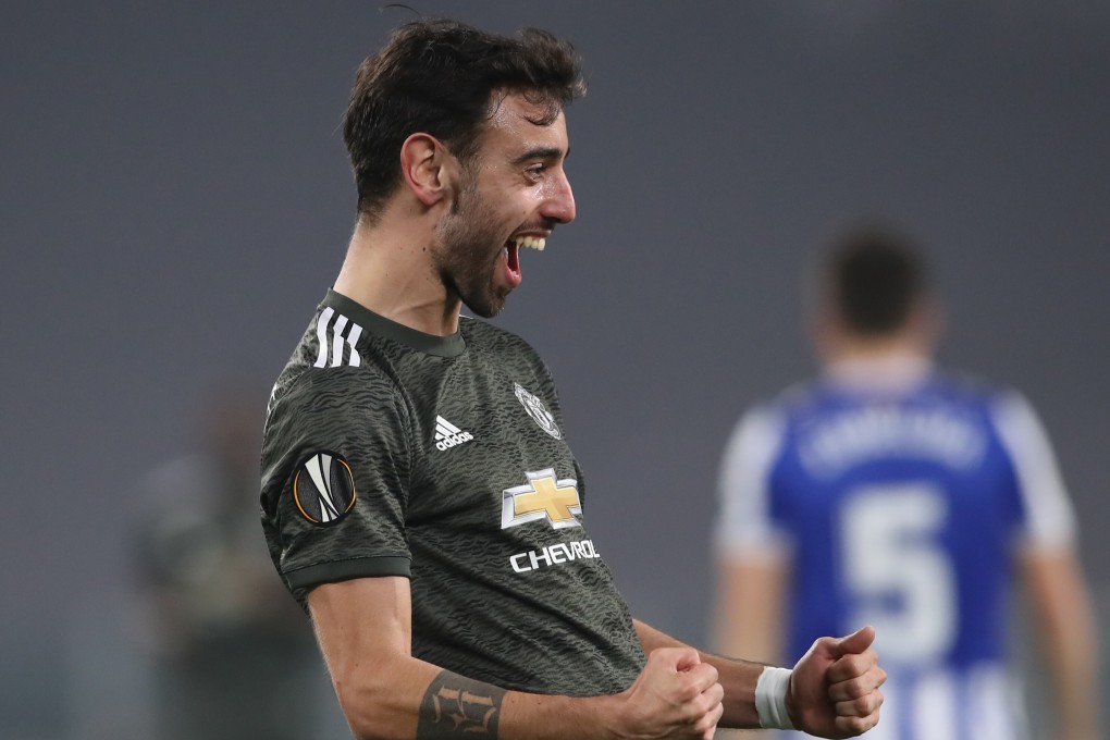 Manchester United’s Bruno Fernandes scores their second goal against Real Sociedad in the Uefa Europa League round of 32 first leg in Turin, Italy. Photo: DPA