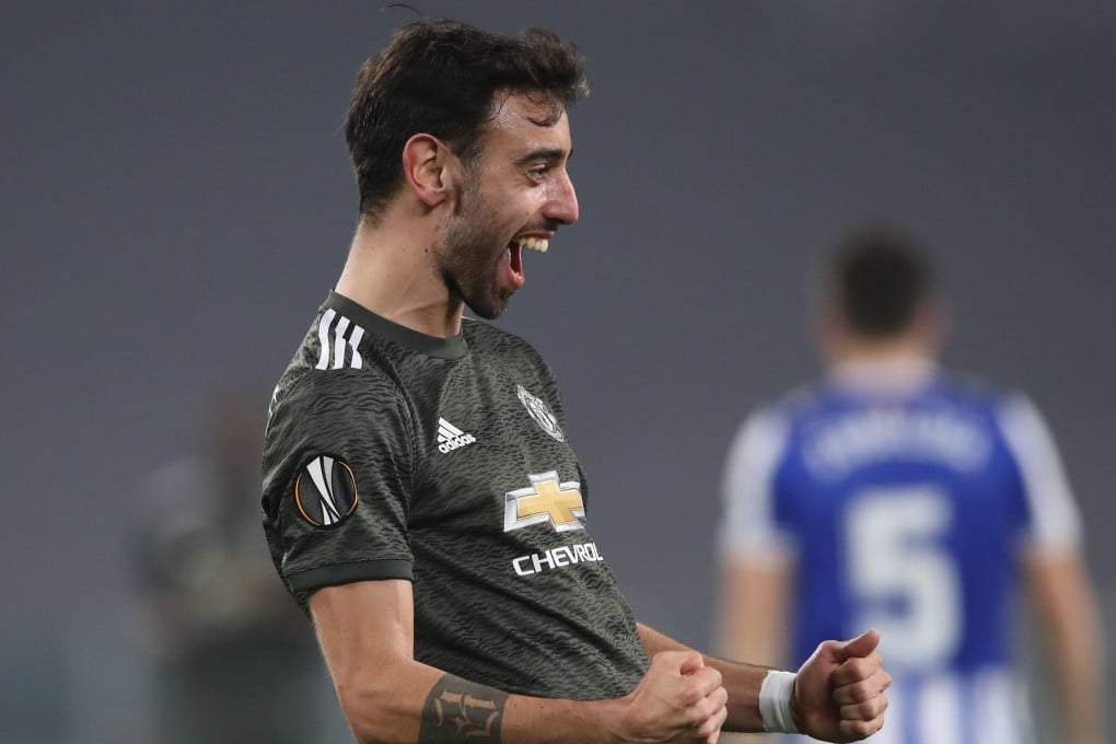 Manchester United’s Bruno Fernandes scores their second goal against Real Sociedad in the Uefa Europa League round of 32 first leg in Turin, Italy. Photo: DPA