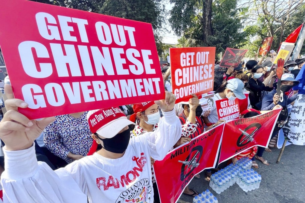Protesters call for Beijing to stop supporting the military junta during a demonstration outside the Chinese embassy in Yangon last week. Photo: Kyodo