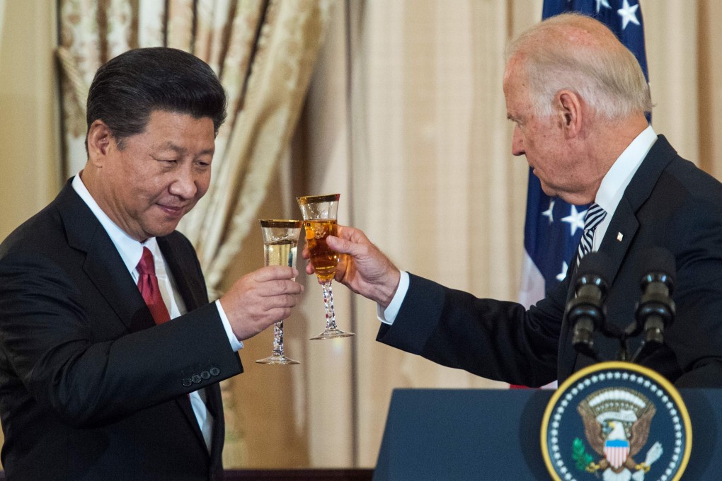 Then-US vice-president Joe Biden and Chinese President Xi Jinping toast during a state diner for China hosted at the Department of State in Washington on September 25, 2015. Biden expressed concerns to Xi about human rights in Hong Kong and Xinjiang on February 10 in their first call since Biden took office on January 20, according to the White House. Photo: AFP