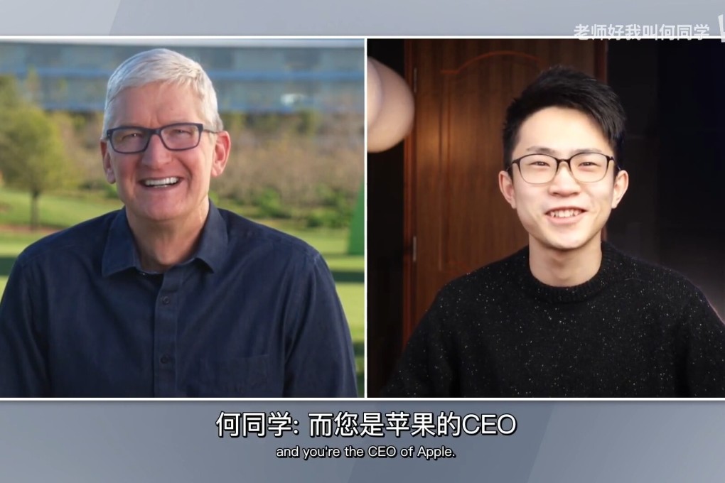 Chinese tech vlogger and 22-year-old student He Shijie interviews Tim Cook in an effort to court young Chinese consumers amid easing US-China tensions. Photo: YouTube screenshot