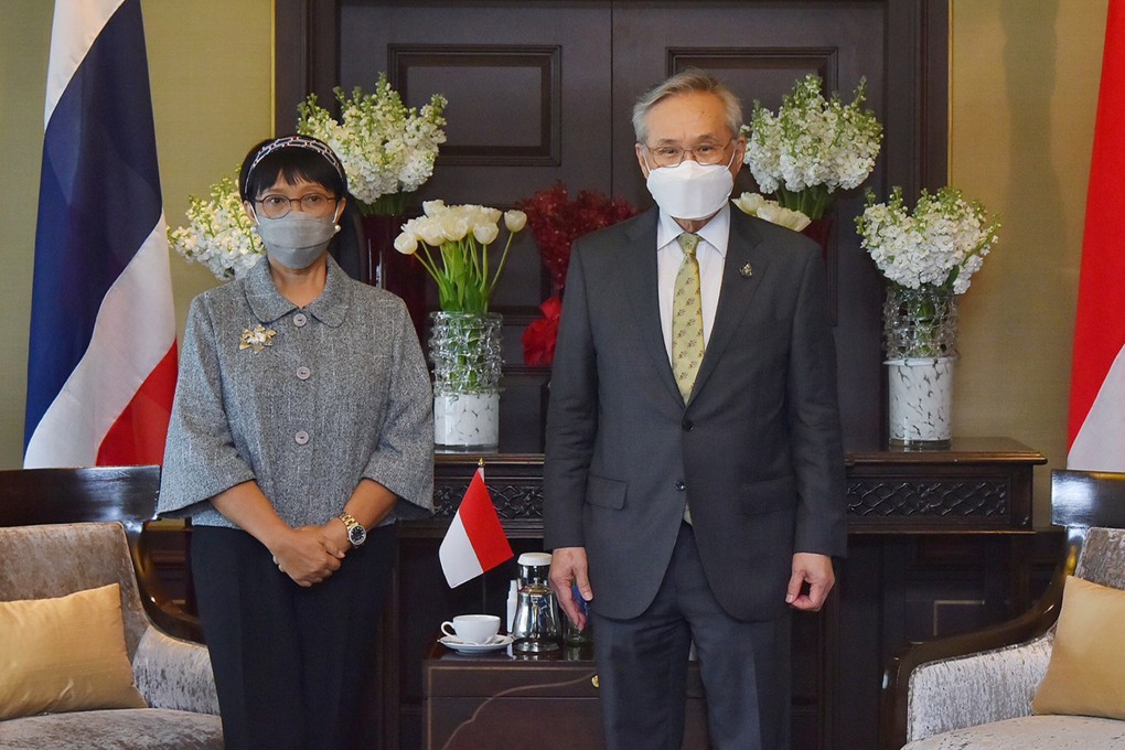 Indonesian Foreign Minister Retno Marsudi (left) with her Thai counterpart Don Pramudwinai in Bangkok on Wednesday. Photo: EPA-EFE/Thai MFA handout
