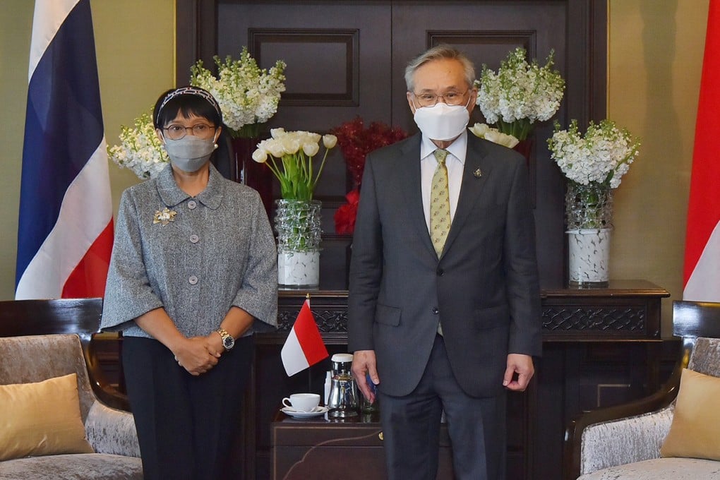 Indonesian Foreign Minister Retno Marsudi (left) with her Thai counterpart Don Pramudwinai in Bangkok on Wednesday. Photo: EPA-EFE/Thai MFA handout