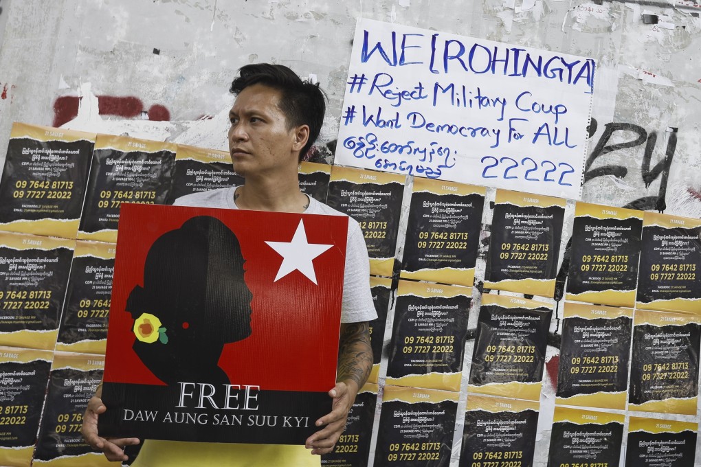 A demonstrator in Yangon protests against the Myanmar military coup on February 23. Photo: EPA