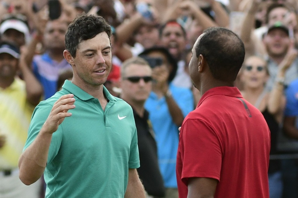 Tiger Woods is congratulated by Rory McIlroy after winning the Tour Championship in Atlanta in 2018. Photo: AP