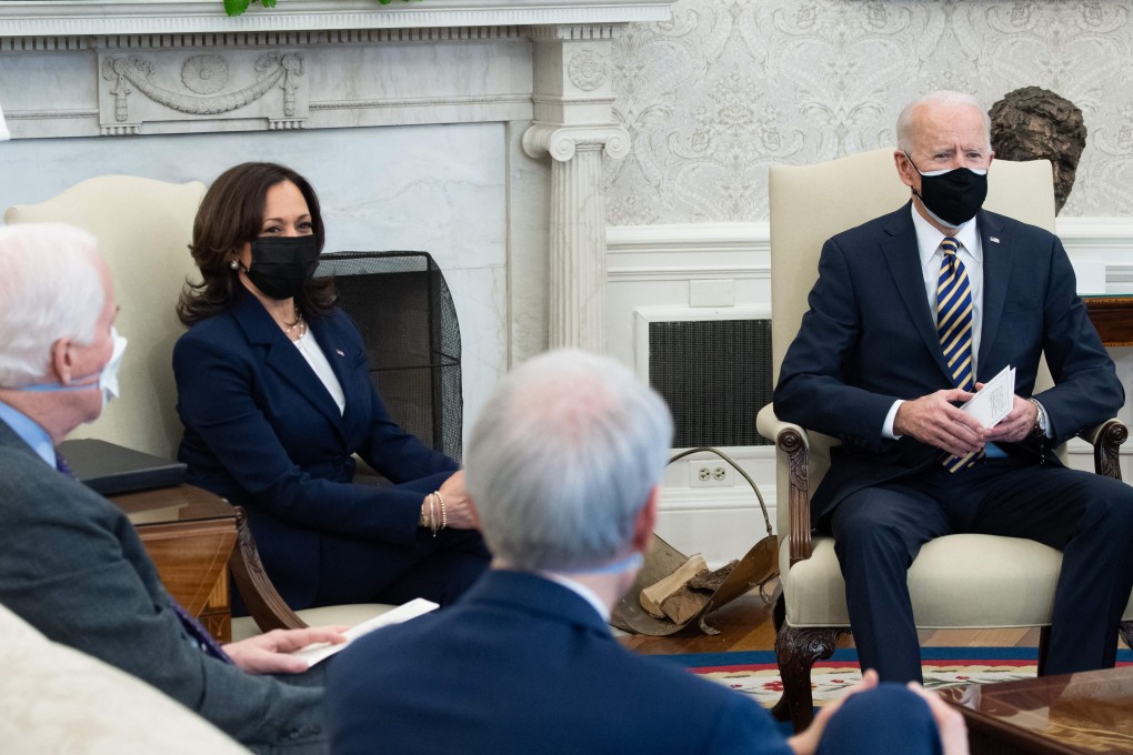 US President Joe Biden (right) and Vice-President Kamala Harris meet with lawmakers on Wednesday to discuss supply chain disruptions. Photo: AFP