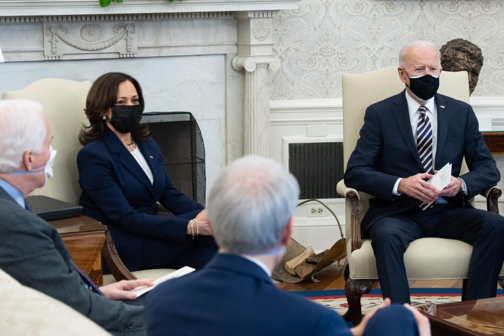 US President Joe Biden (right) and Vice-President Kamala Harris meet with lawmakers on Wednesday to discuss supply chain disruptions. Photo: AFP