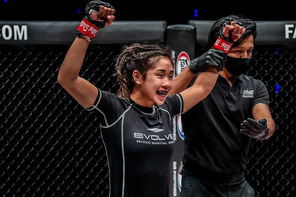 Victoria Lee celebrates her first-round submission of Sunisa Srisen at ONE: Fists of Fury. Photos: ONE Championship