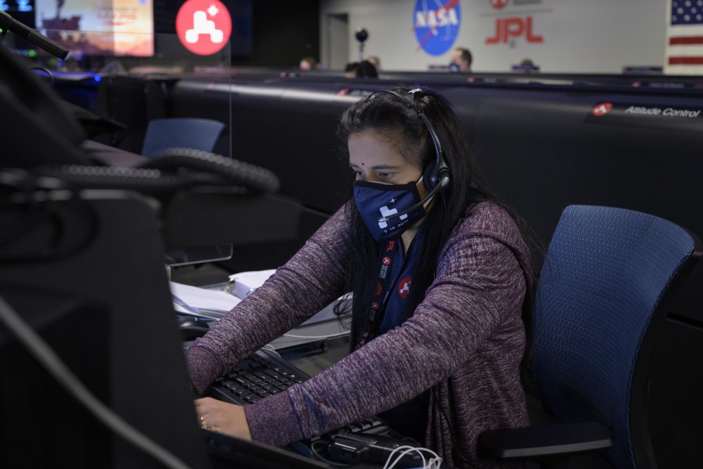 Swati Mohan monitoring the Perseverance rover mission at Nasa's Jet Propulsion Laboratory in Pasadena, California. Photo: EPA-EFE