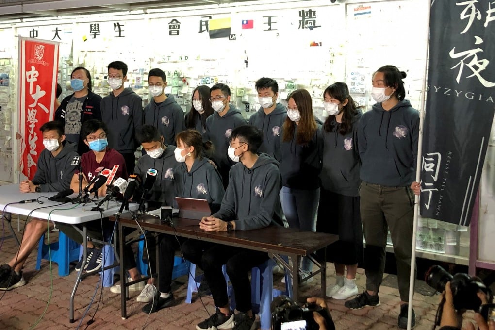 Members of Chinese University student union hold a press conference on Friday. Photo: Reuters